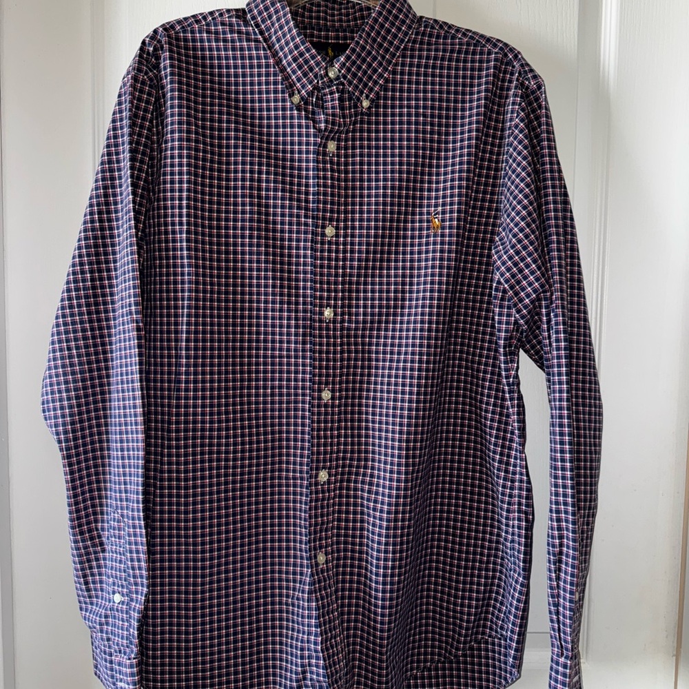 Ralph Lauren Button Down Oxford Checkered Plaid Slim Fit Red White Blue Sz xl